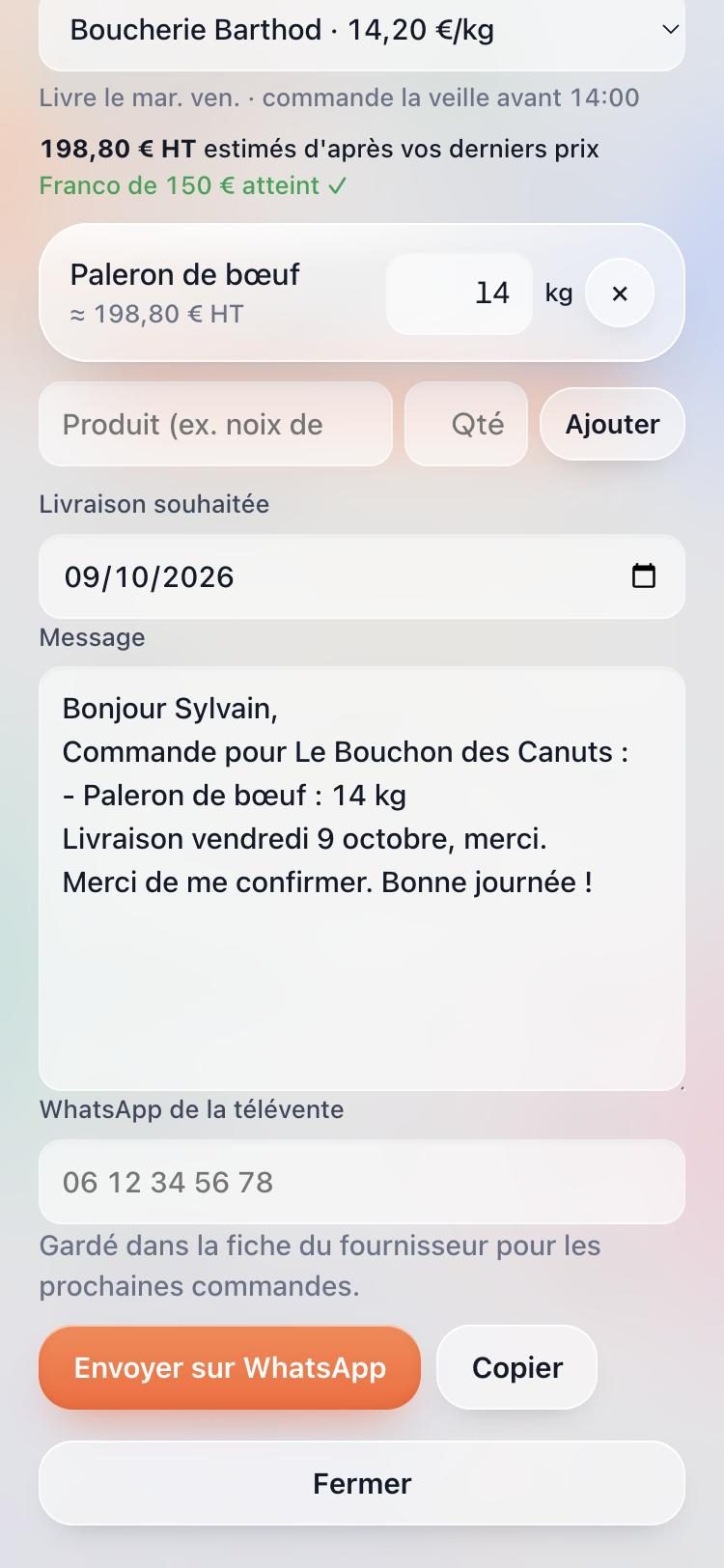 Commande fournisseur dans Econom avec franco atteint et message WhatsApp prêt