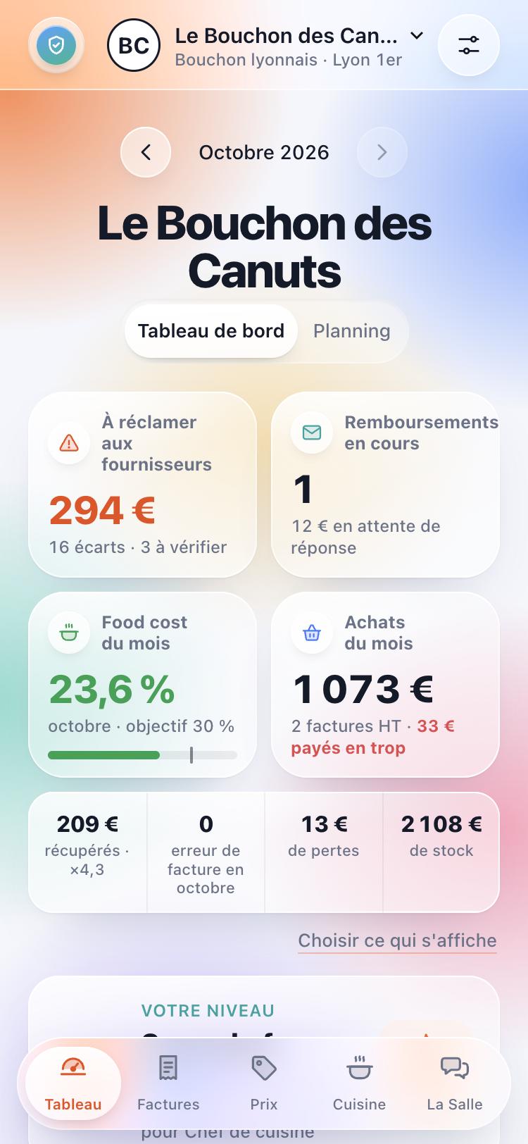Tableau de bord d'Econom : 294 € à réclamer aux fournisseurs, food cost du mois à 23,6 %, achats du mois